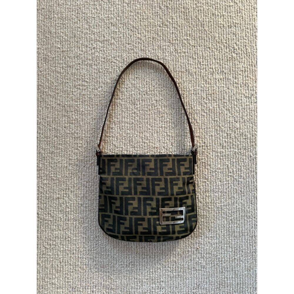 FENDI Zucca Mini Shoulder Bag canvas baguette Logo Brown Silver Y2K Slouch - Picture 2 of 11